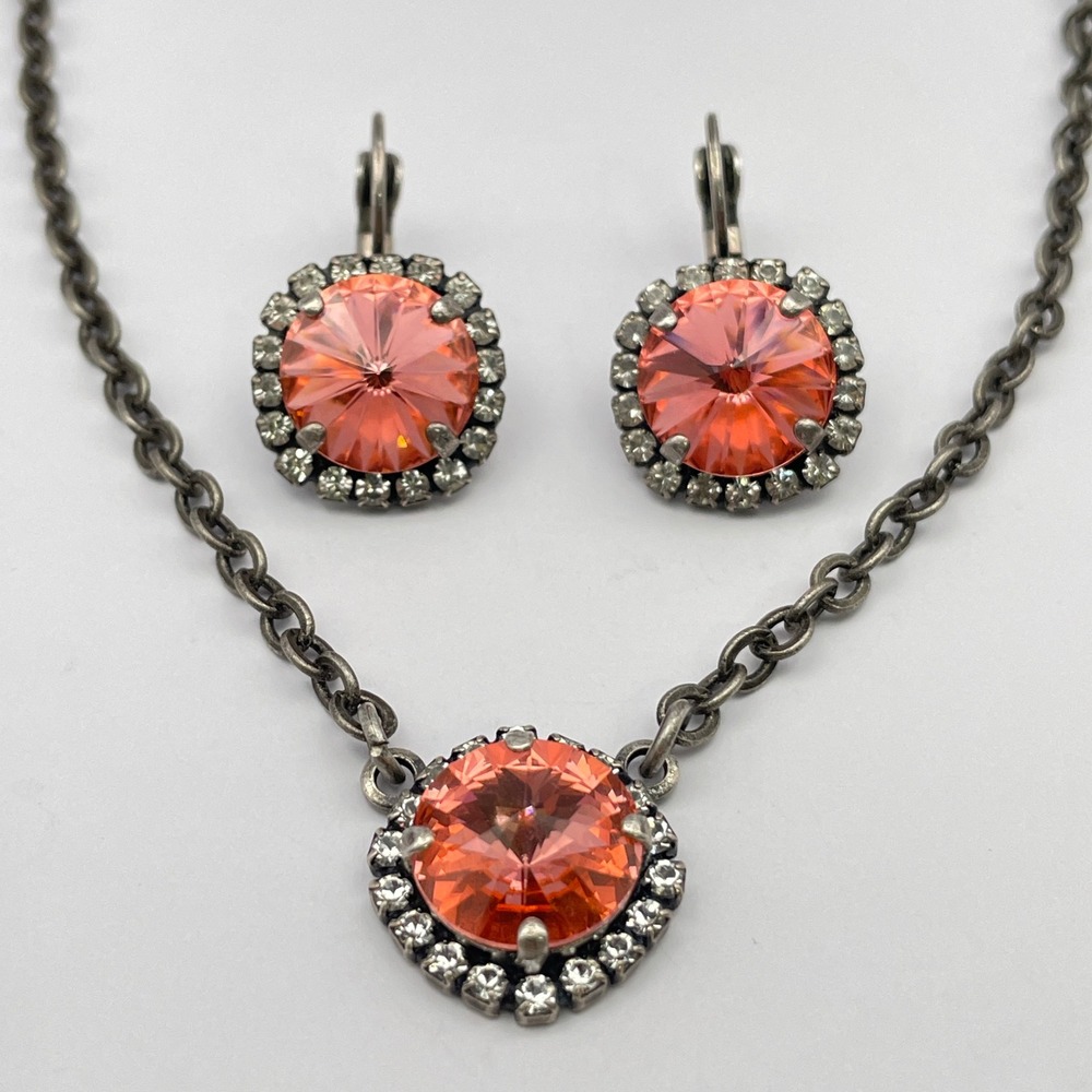 Peach Rivoli Sparkling Rhinestone Necklace Earring Set Similar to Sabika - Picture 5 of 11